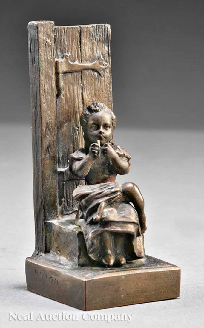 C. Thenn (b. Carl Kauba, Austrian/American, 1865): C. Thenn (b. Carl Kauba, Austrian/American, 1865-1922), "Young Girl Sewing", early 20th c., bronze, signed "Thenn" at right edge of base, faintly numbered and with copyright mark at back of base, heig