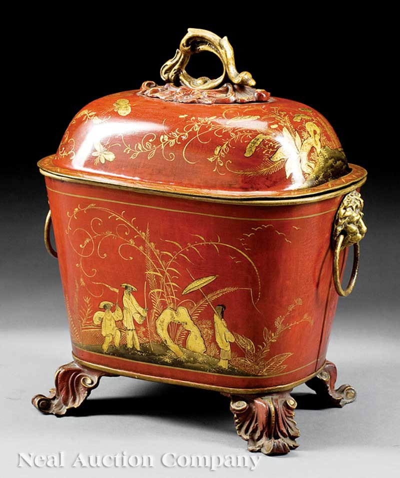 French Tole Peinte Lidded Coal Bin: A French Tole Peinte Lidded Coal Bin, scarlet ground with extensive chinoiserie scenery, lion masque ring handles, height 16 1/2 in., width 14 in., depth 10 1/2 in