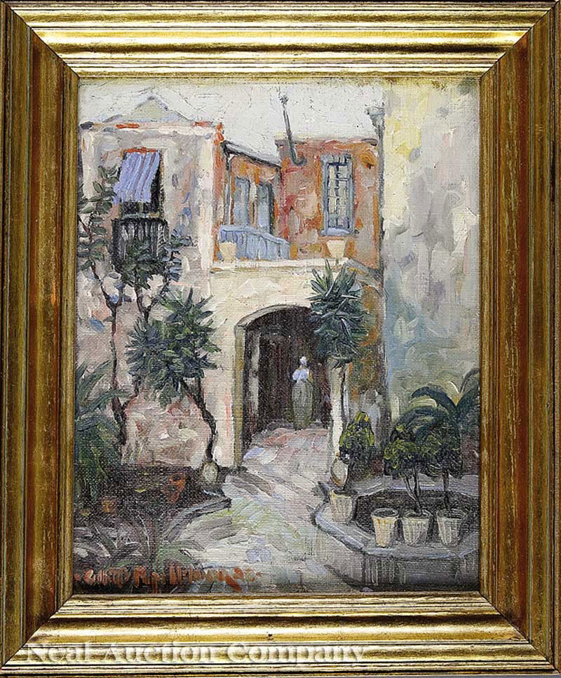 Colette Pope Heldner (American/New Orleans, 1902): Colette Pope Heldner (American/New Orleans, 1902-1990), "Vieux Carre Courtyard", oil on canvas board, signed lower left, Vern Carver & Beard Art Galleries, Minneapolis label en verso, 10 in. x 8 in.,