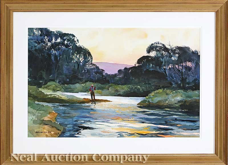 Chet Reneson (American/Connecticut, b. 1934): Chet Reneson (American/Connecticut, b. 1934), "Fly Fishers", 1994, pair of watercolors on paper, both signed and dated lower left, both sight 17 3/4 in. x 28 in., attractively matted and framed alike