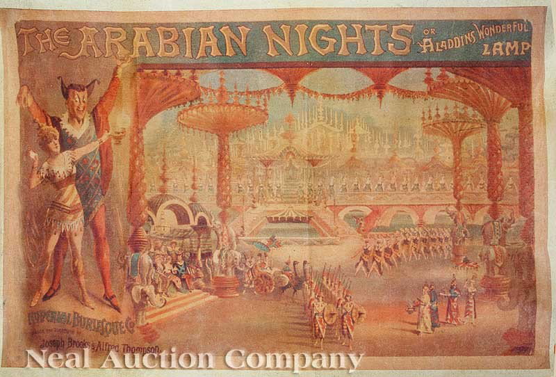 Group of Four "Oil Cloth" Posters: A Group of Four "Oil Cloth" Posters, depicting various early 20th c. advertisements including "The Arabian Nights", 40 in. x 57 in., "Get Fat on Lorings", 35 in. x 22 1/2 in., "The Slave of the Orient