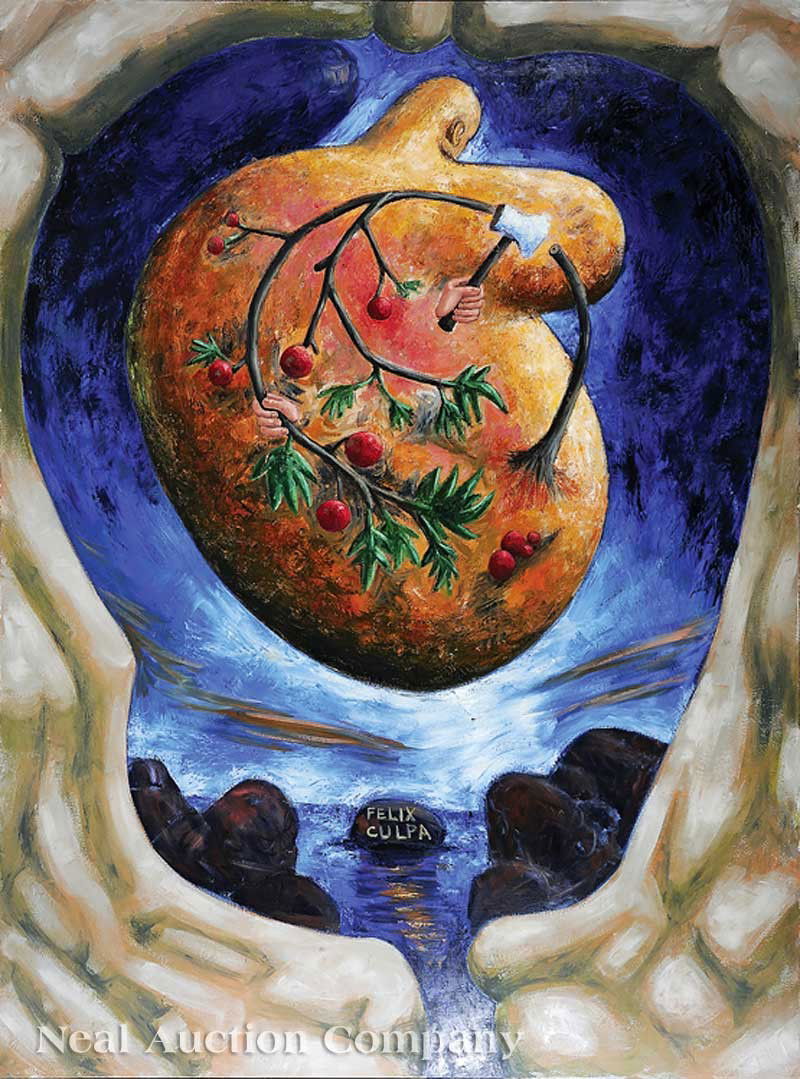 David Aiken Humphrey (American, b. 1955): David Aiken Humphrey (American, b. 1955), "Felix Culpa", oil on canvas, unsigned, titled lower center, titled and dated "1985" en verso, 108 1/8 in. x 80 1/8 in., in a period frame Provenance: Sold fo