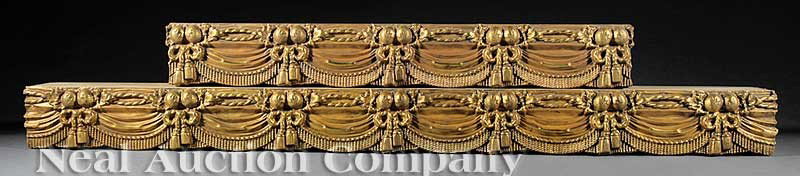 Victorian Pressed Brass Curtain Valences: A Set of Three Victorian Pressed Brass Curtain Valances, each in the form of fringed swags with tassels, length 54 1/2 in
