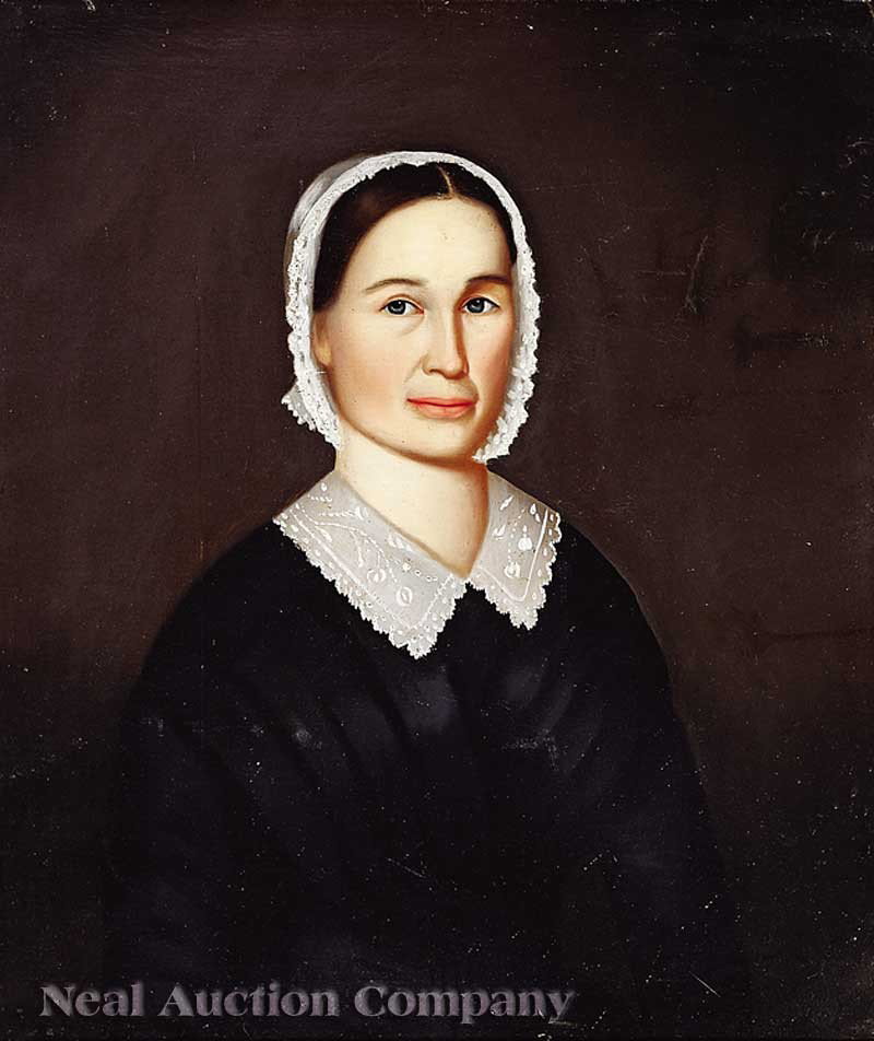 Horace Bundy (American/Vermont, 1814-1883): Horace Bundy (American/Vermont, 1814-1883), "Portrait of a Woman", 1846, oil on canvas, signed, dated and inscribed "Springfield" en verso, 28 1/2 in. x 24 1/4 in., framed