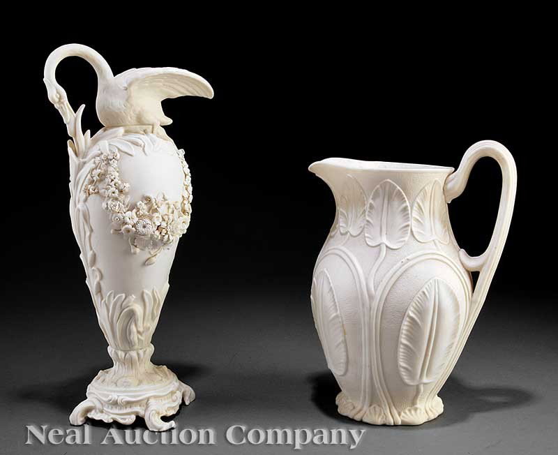 Two Parian Vessels: Two Antique Parian Vessels, 19th c., including a ewer with swan-form spout and handle, and a pitcher with leaves, ewer height 15 1/2 in
