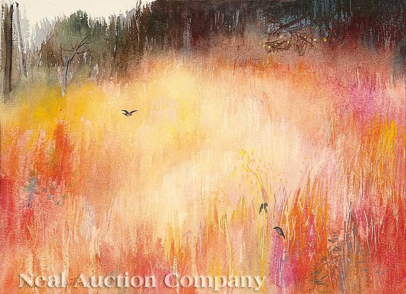 Mildred Nungester Wolfe (American/Mississippi): Mildred Nungester Wolfe (American/Mississippi, 1912-2009), "Meadow with Birds", watercolor on paper, signed lower right, 12 3/4 in. x 16 in., attractively matted and framed