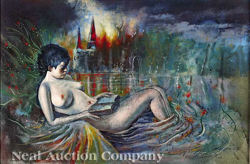 Noel Rockmore (American/New Orleans, 1928-1995): Noel Rockmore (American/New Orleans, 1928-1995), "Nude Study from Life, Jackson Square at Night, New Orleans", 1974, oil on canvas, signed and dated, 24 in. x 36 in., framed