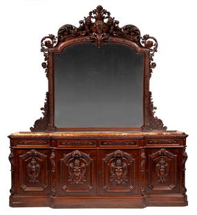 Burl Walnut Sideboard, attr. Alexander Roux: Monumental American Rococo Carved Burl Walnut Sideboard, mid-to-late 19th c., attr. to Alexander Roux, New York, robustly carved acanthus crest centered by a mask cartouche, foliate mirror surround fl