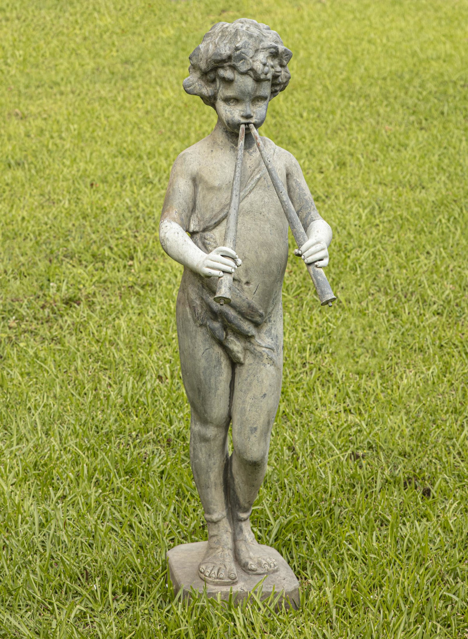 Decorative Patinated Metal Garden Figure: Decorative Patinated Metal Garden Figure, modeled as a putto with flute, h. 32 in.