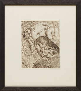 Leon Bibel (Polish/American, 1913-199: Leon Bibel (Polish/American, 1913-1995), "Urban Turmoil", 1936, pen and ink on paper, unsigned, artist estate stamp on reverse of mount, "Park Slope Gallery, Brooklyn, NY" label on backing paper, 10 1