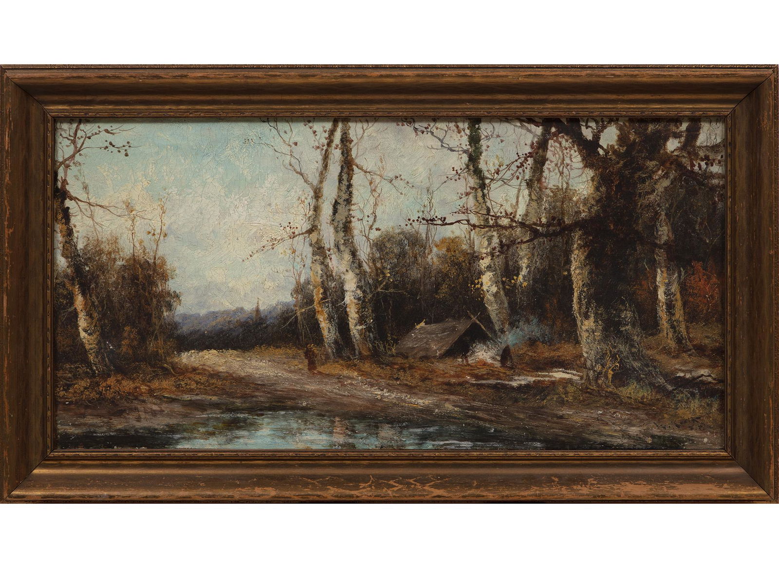 William Keith (Scottish/American, 1838-1911): William Keith (Scottish/American, 1838-1911), "Wooded Landscape", oil on canvas laid on board, signed and inscribed lower right, 11 3/4 in. x 23 3/4 in., framed, overall 15 5/8 in. x 27 1/2 in. x 1 1/