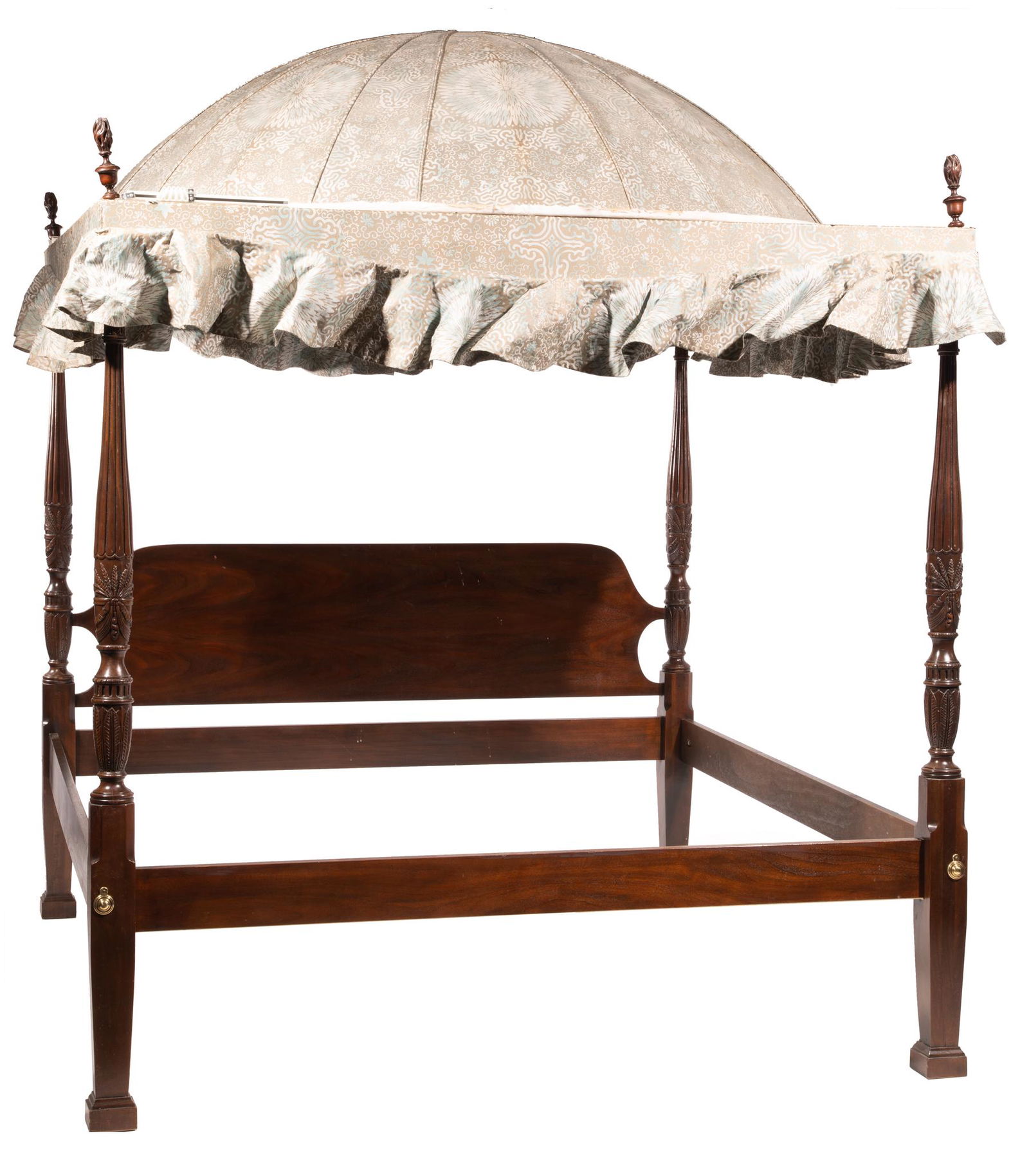 Carved Mahogany Four Poster Tester by Drexel: Sheraton-Style Carved Mahogany Four Poster Tester Bed, by Drexel, elaborate dome tester, rice-carved posts, h. 85 in., l. 81 1/2 in., d. 58 in.