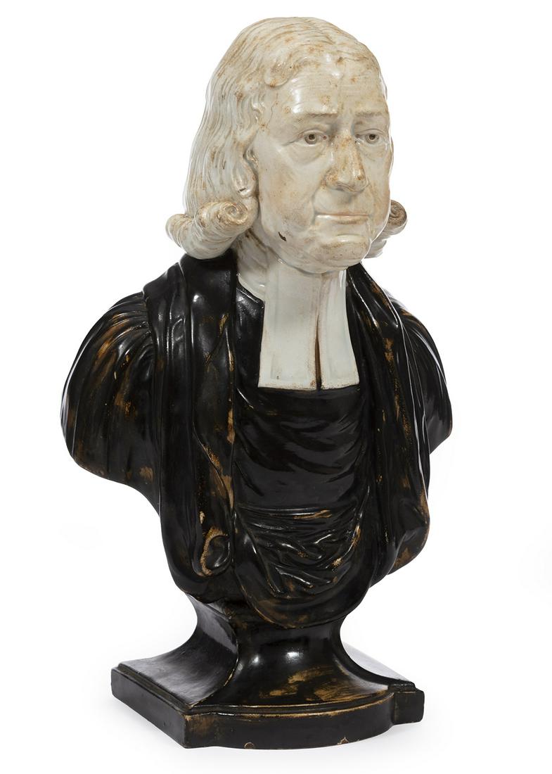 Staffordshire Pottery Bust of The Rev John Wesley: Staffordshire Pottery Bust of The Rev John Wesley, 18th c., by Enoch Wood of Burslem, dedication plaque on verso, h. 12 1/2 in., w. 7 in., d. 5 in. Provenance: Henry Stern, New Orleans.