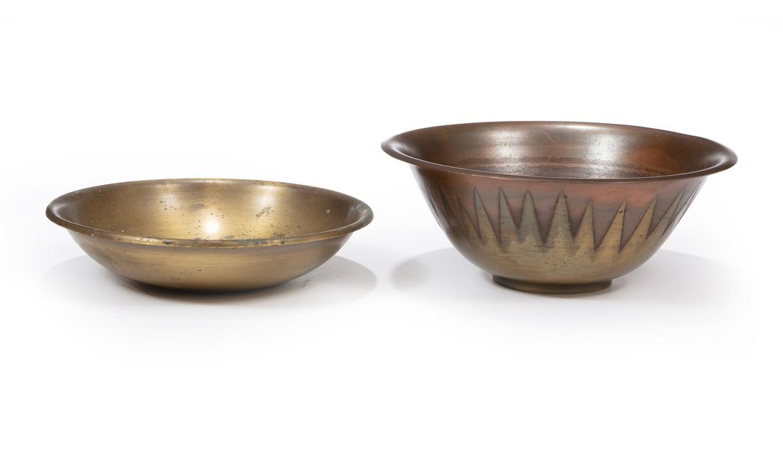 Two Roycroft Metalware Bowls: Two Roycroft Metalware Bowls, early 20th c., marked, larger h. 4 1/2 in., dia. 11 1/2 in. Provenance: Estate of Eric Bloomquist, Bloomington, IL