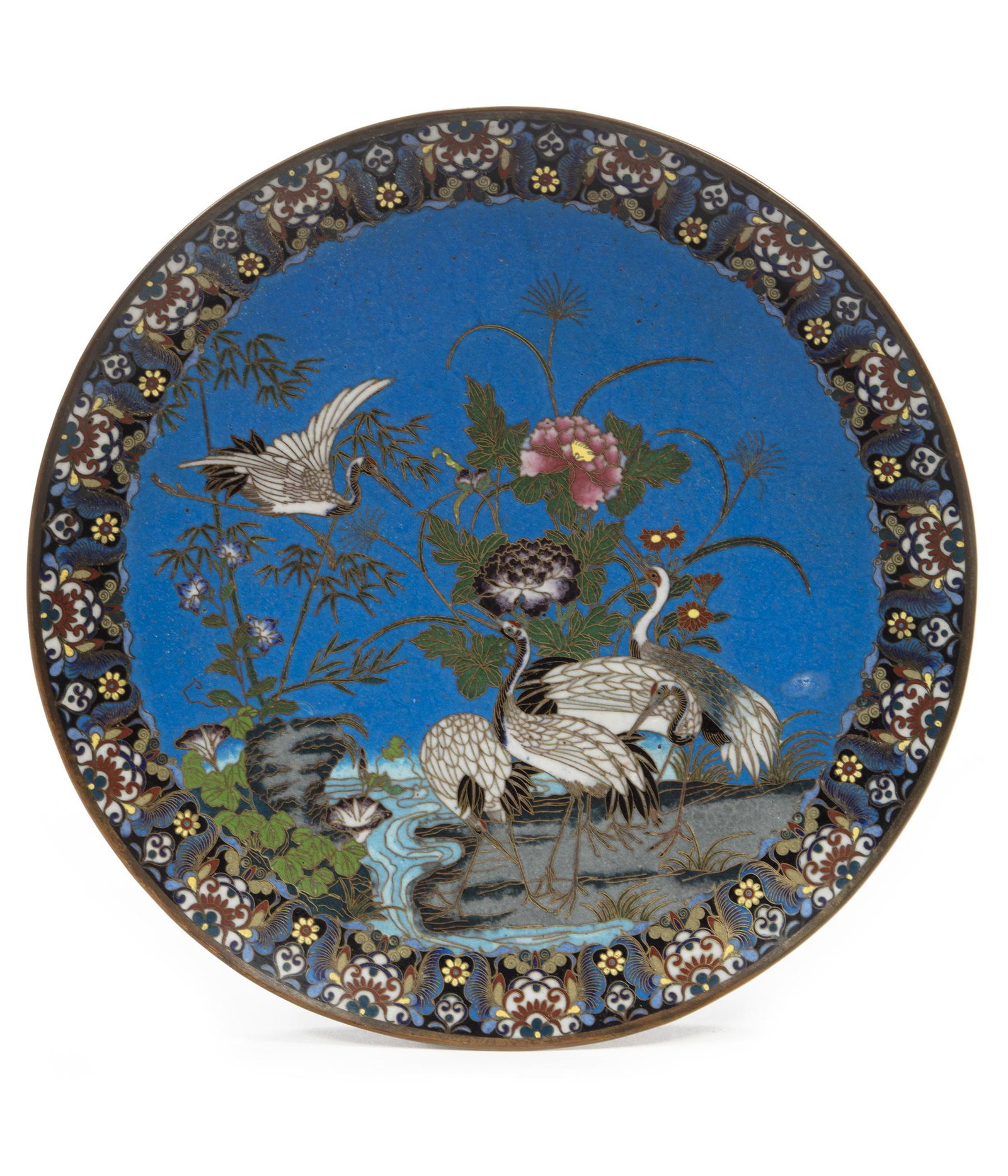 Chinese Cloisonne Enamel Charger: Chinese Cloisonne Enamel Charger, depicting cranes in a landscape, dia. 11 3/4 in.