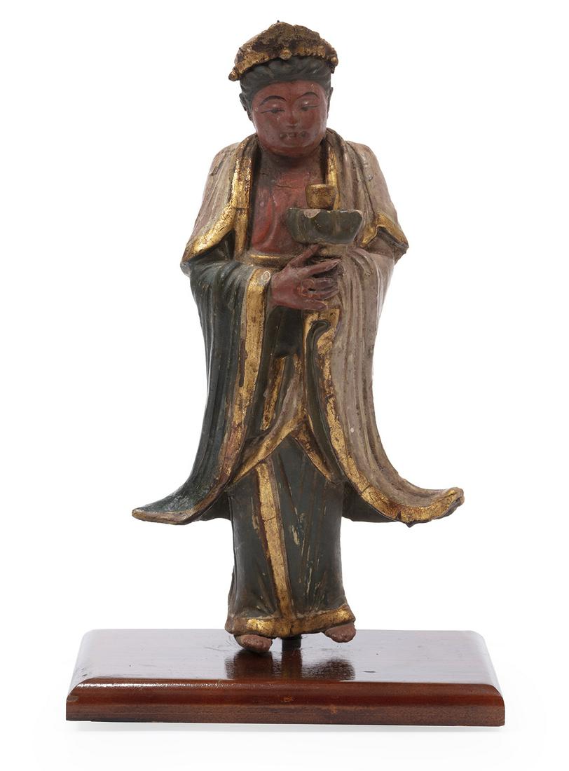 European Asian-Style Grotto Figure: European Asian-Style Grotto Figure, mid-to-late 19th, gilt and polychrome terracotta, wood base, h. 14 1/4 in.