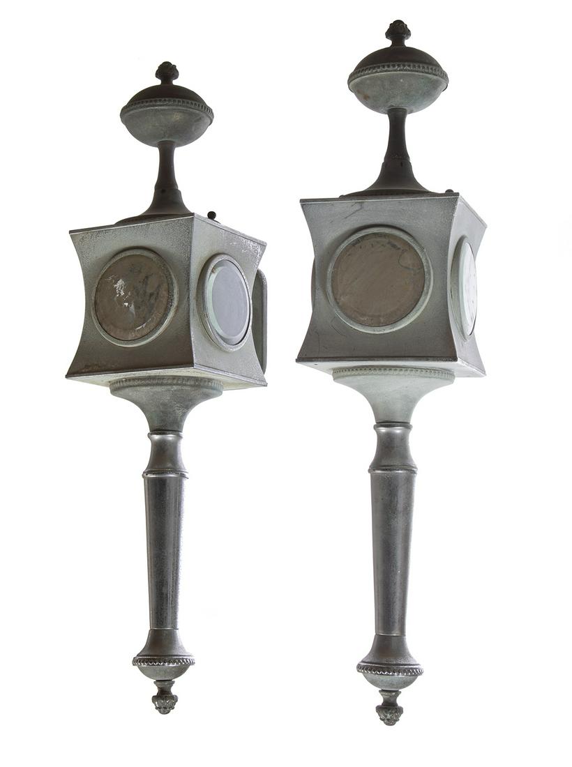 Patinated Metal Carriage Lamps: Pair of Antique American or English Patinated Metal Carriage Lamps, incurvate sides, beveled glass, h. 28 in., w. 6 in., d. 8 in.