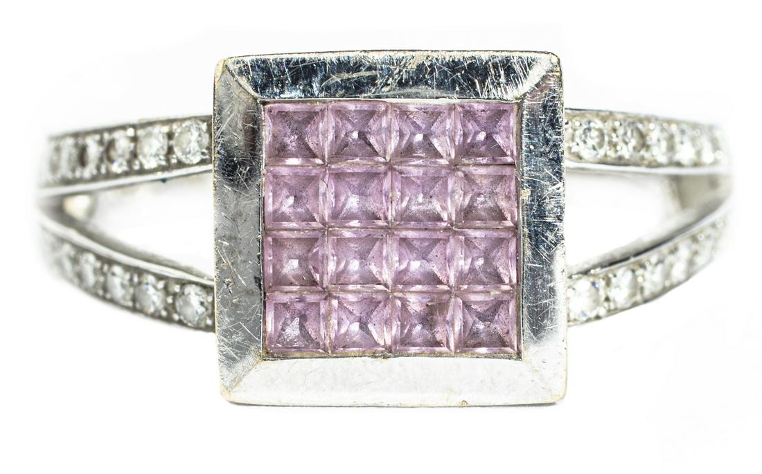 Gold, Checkerboard Pink Sapphire, Diamond Ring: 18 kt. White Gold, Checkerboard Motif Pink Sapphire and Diamond Ring. Size 7.25. **Please note: Payment for all jewelry and coin purchases must be made by cash, check or wire transfer.**