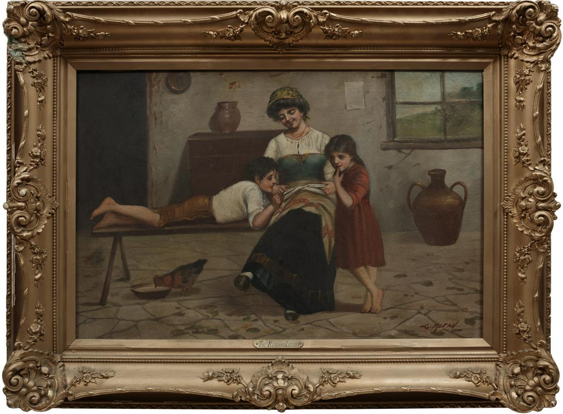 Leon Moran (American, 1864-1941): Leon Moran (American, 1864-1941), "The Reading Lesson", oil on canvas, signed lower right, artist name inscribed on stretcher, artist biography on reverse of frame, 20 in. x 30 in., framed with title