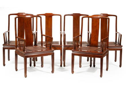 6 Henredon Asian Modern Caned Mahogany Armchairs: Six Henredon Asian Modern Ming-Style Caned Mahogany Armchairs, c. 1960, labeled, cane seat, h. 40 in., w. 22 1/2 in., d. 20 in.