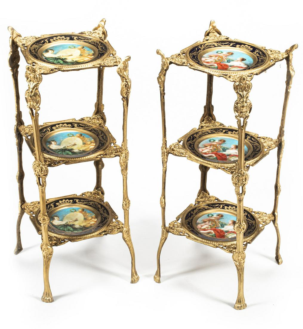 Pair of Bronze, Porcelain Three Tier Plate Stands (1 of 4)