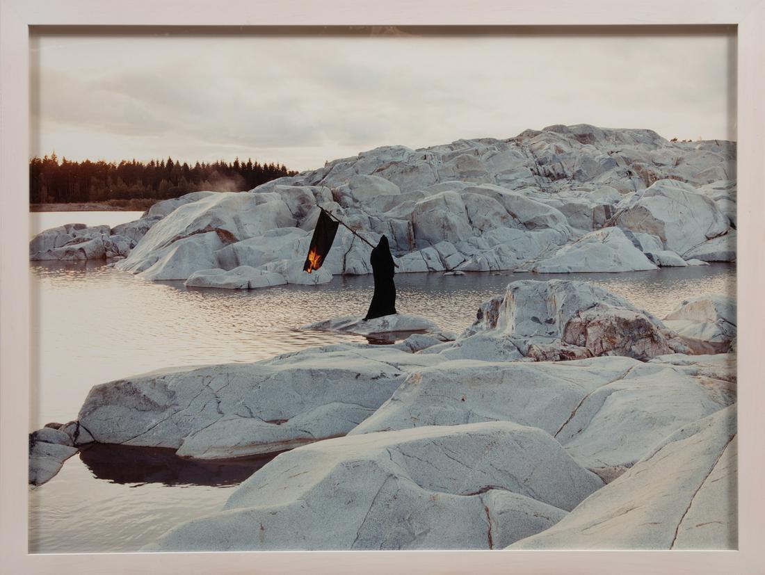 Hanna Liden (Swedish, b. 1976): Hanna Liden (Swedish, b. 1976), "Black Flag Burner", 2006, c-print mounted on sintra, signed on label and "Rivington Arms, New York" label with artist, title, date and edition "1/5" on backing, 30 in.