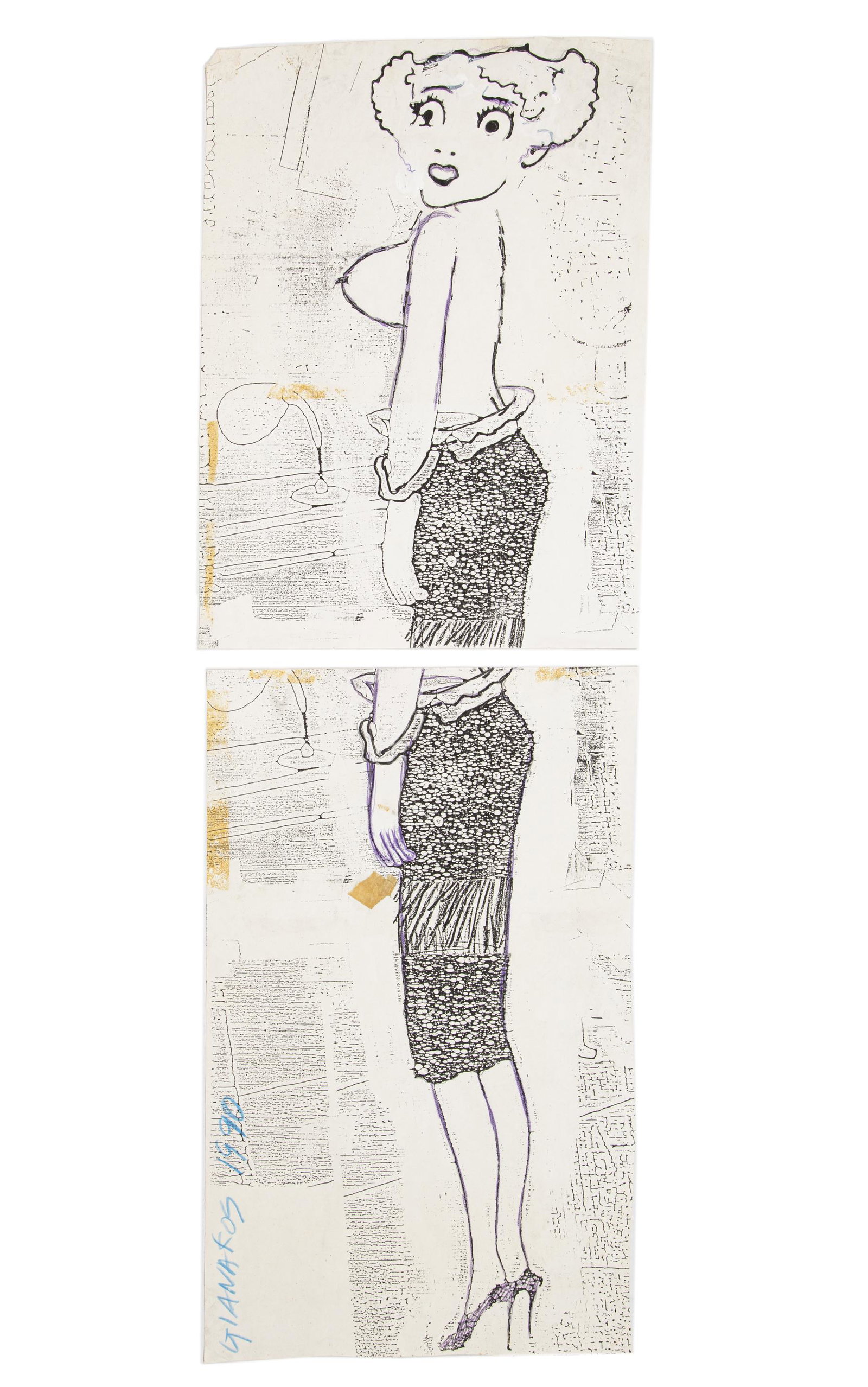 Steve Gianakos (American/New York, b. 1938): Steve Gianakos (American/New York, b. 1938) , "Lady", 1990, mixed media diptych on paper, signed and dated lower left, overall 29 3/8 in. x 10 in., unframed. Condition: Overall fair condition.