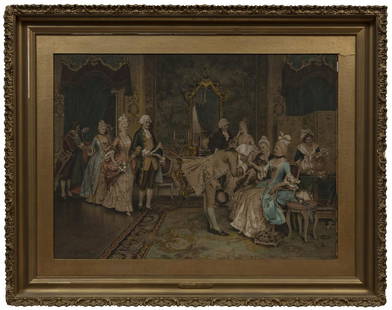 After Arturo Ricci (Italian, 1854-1919): After Arturo Ricci (Italian, 1854-1919) , "The Reception", color lithograph on paper mounted to board, signed in plate, 21 1/4 in. x 29 3/8 in., framed, overall 30 in. x 38 in. x 2 1/8 in. Condition: