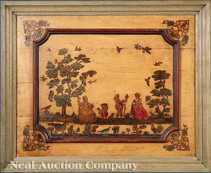 Pair of Italian Lacca Povera Panels: A Pair of Antique Italian Lacca Pover Panels, 19th c., "a la chinois", wood panels, molding enclosing genre scenes with figures and birds in a landscape, presented in carved, limed oak frames, height 