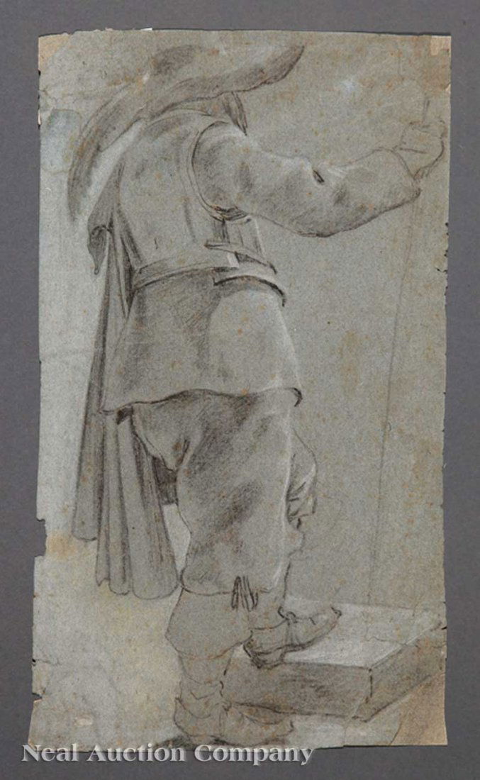 Attributed to Jan Baptist Weenix (Dutch, 1621): Attributed to Jan Baptist Weenix (Dutch, 1621-1663), "Cavalier Mounting a Step", black chalk with white highlighting on blue prepared paper, unsigned, 12 1/4 in. x 7 in., unframed