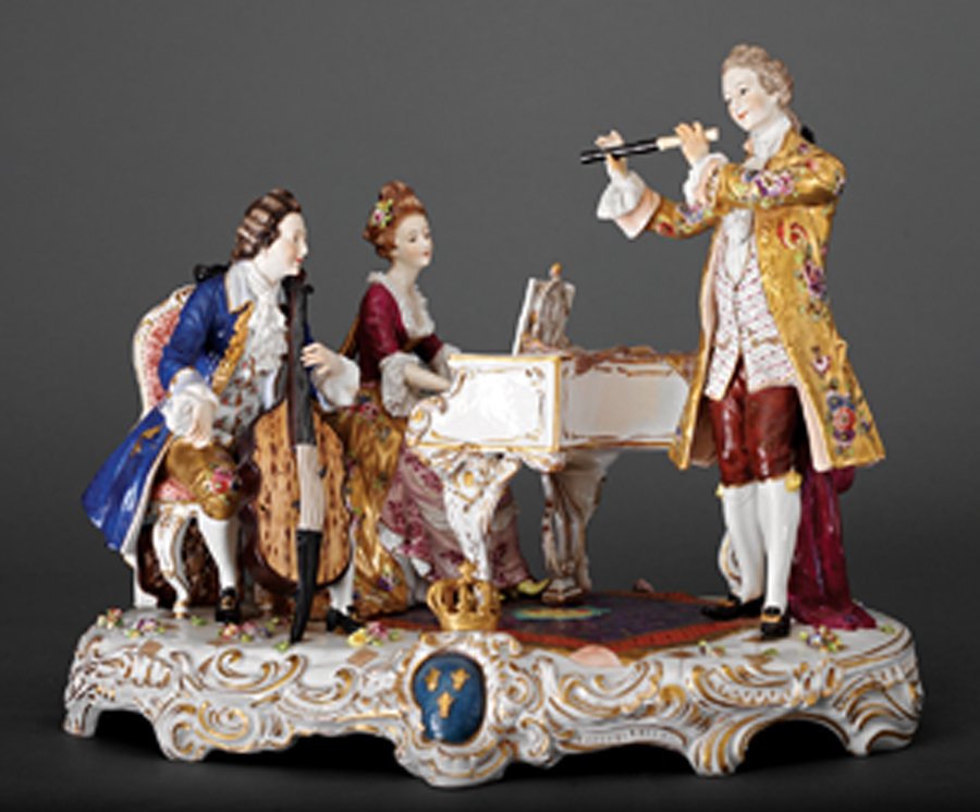 Monumental German Gilt Porcelain Figural Group: A Monumental German Gilt Porcelain Figural Group of Three Musicians in 18th-Century Costume, c. 1920, underglaze blue mark of Oldest Volkstedt Porcelain Factory, Thuringia, Germany, finely modeled in 