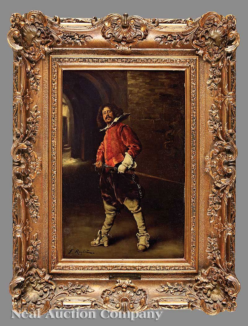 Ferdinand Victor Leon Roybet (French, 1840-1920): Ferdinand Victor Leon Roybet (French, 1840-1920), "Cavalier Drawing His Sword", oil on panel, signed lower left, 15 in. x 10 in., period frame