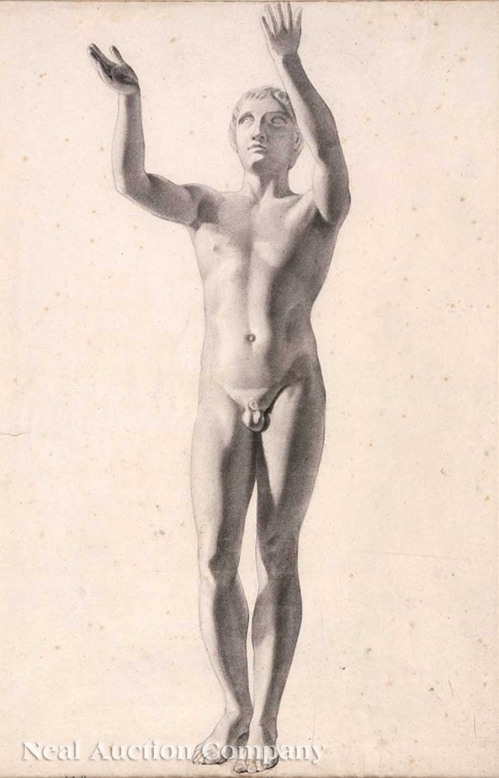 Delarivolliere (French, 19th c.): Delarivolliere (French, 19th c.), "Drawing of a Plaster Cast - Supplicant Male Nude", black chalk on paper, unsigned, sight 23 1/8 in. x 15 in., framed