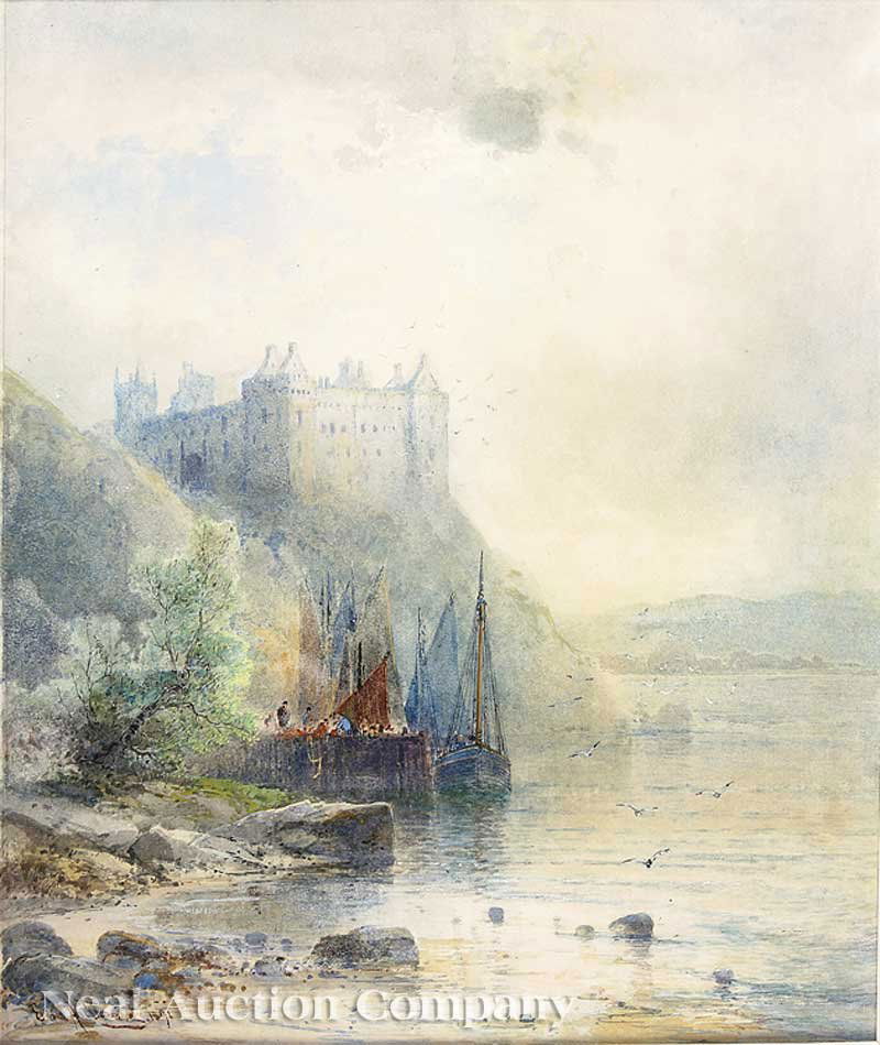 Emil Axel Krause (Danish, 1871-1945): Emil Axel Krause (Danish, 1871-1945), "Castle by the Water's Edge", 1891, watercolor on paper, signed and dated lower left, sight 14 1/2 in. x 11 1/4 in., unframed