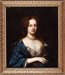 Circle of Willem Wissing (Dutch, 1656-1687): Circle of Willem Wissing (Dutch, 1656-1687, active in England), "Portrait of a Noble Lady", oil on canvas, old NY gallery label en verso, 30 in. x 25 3/4 in., in a giltwood frame Provenance: According