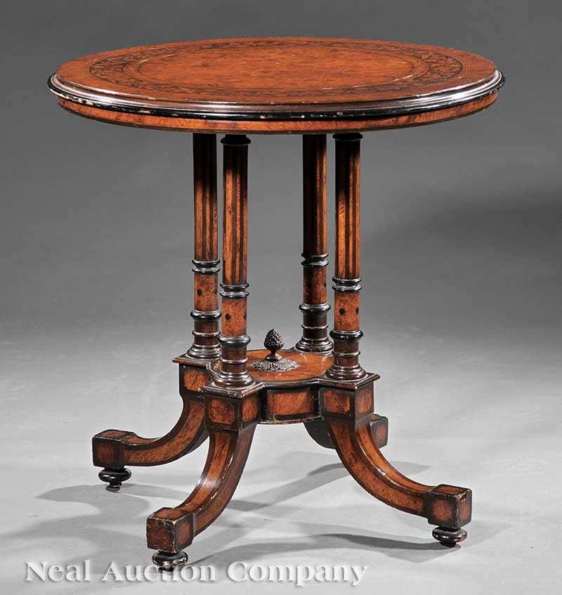 Ebonized, Inlaid and Burled Maple Gueridon: An American Renaissance Ebonized, Inlaid and Burled Maple Gueridon, c. 1870, circular top with leaf banding, ebonized molded edge, four turned and inlaid supports, circular plinth with bronze pineappl