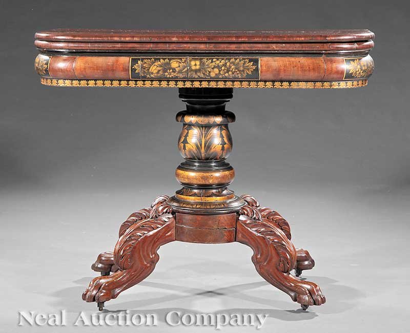 Mahogany, Gilt Stenciled Games Table, Meeks: An American Classical Carved Mahogany and Gilt Stenciled Games Table, early 19th c., New York, attributed to J. & J.W. Meeks, foldover swivel top with rounded corners, torus molded frieze, fruit and n