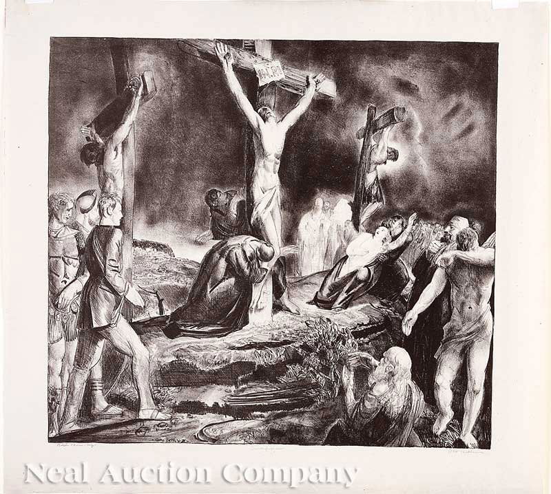 George Wesley Bellows (American, 1682-1925): George Wesley Bellows (American, 1682-1925), "Crucifixion of Christ", 1923, lithograph, pencil signed, titled and signed by printer Bolton Brown, signed in plate, H.V. Allison & Co., New York label en