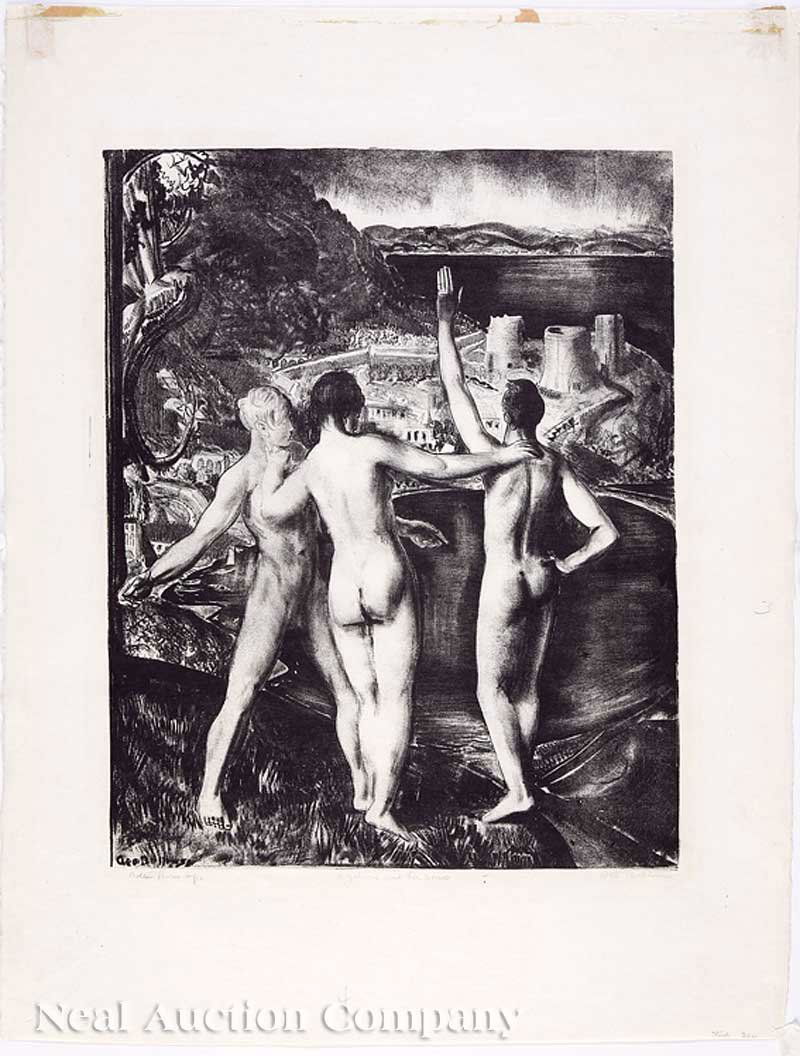 George Wesley Bellows (American, 1882-1925): George Wesley Bellows (American, 1882-1925), "Lychnis and Her Sons", from the "Men Like Gods" series, lithograph, pencil signed, titled, numbered "4" and signed by printer Bolton Brown, sheet 23 3/4 i