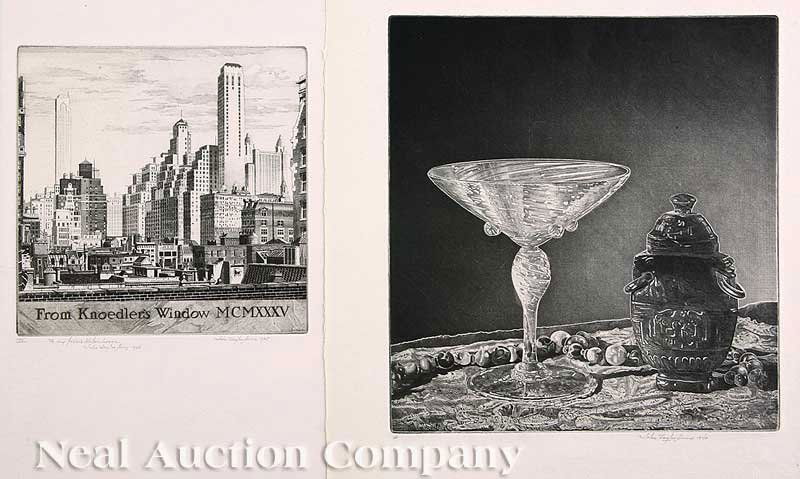 John Taylor Arms (1887-1953): John Taylor Arms (1887-1953), six etchings, including: "Destroyer in Wet Basin", "Aspiration", "Still Life-Crystal Vase and Jade Jar", "From Knoedler's Window", "Calvaire du Seizieme Siecle", and "Cap