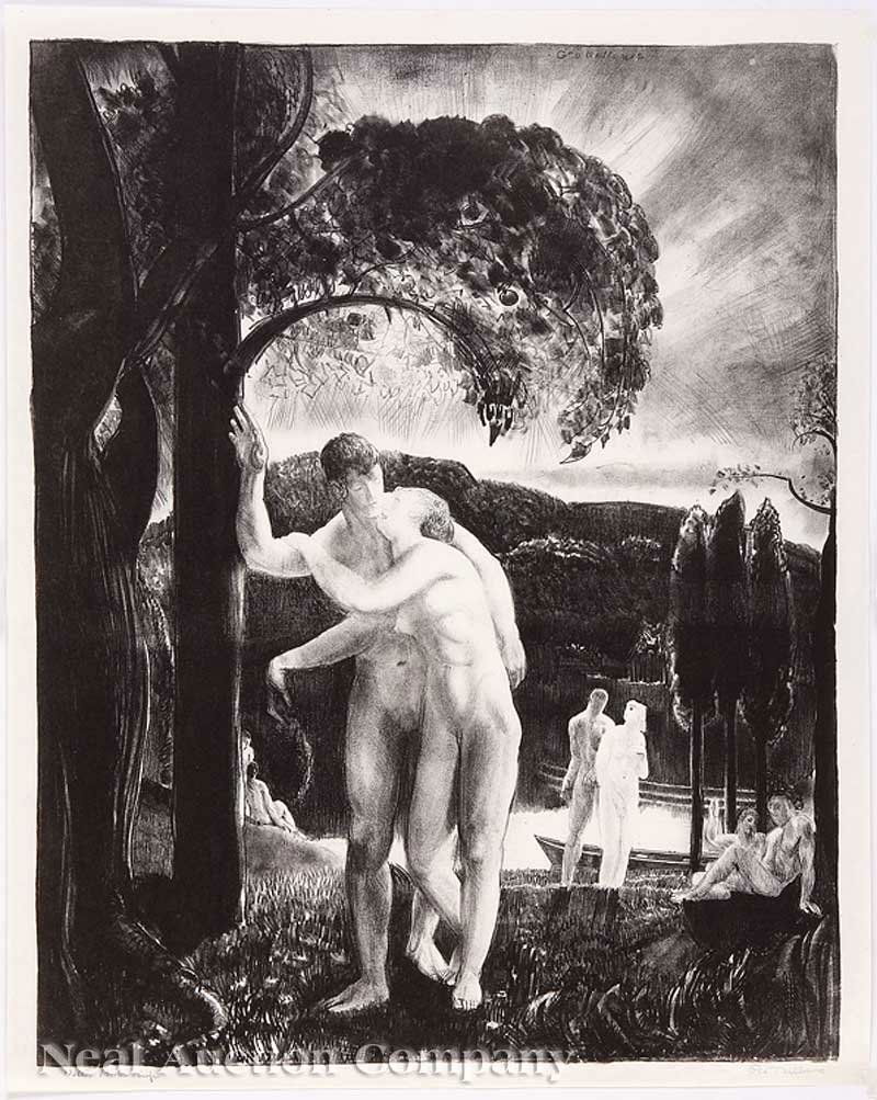 George Wesley Bellows (American, 1882-1925): George Wesley Bellows (American, 1882-1925), "Amour", from the "Men Like Gods" series, 1923, lithograph, pencil signed, titled and signed by printer Bolton Brown, sheet 18 7/8 in. x 15 1/8 in., image
