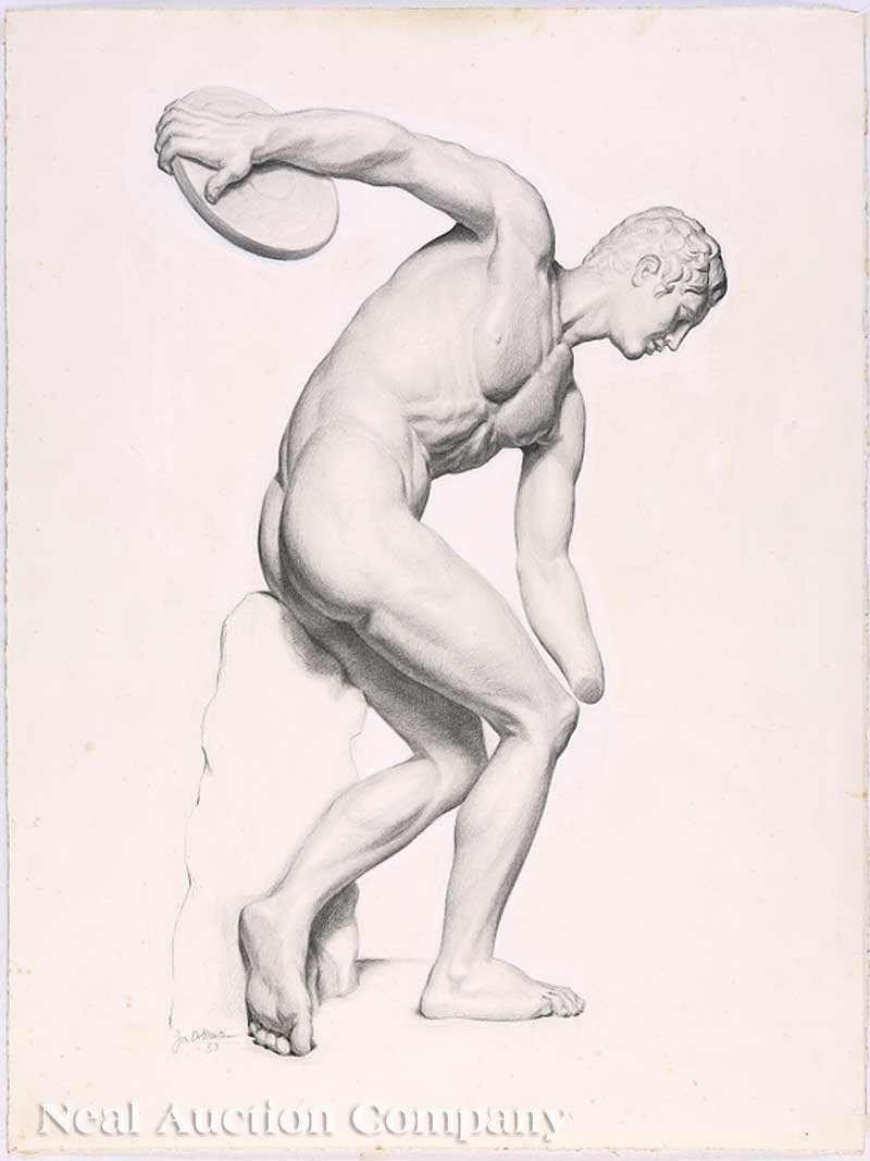 Jon DeMartin (American, b. 1955): Jon DeMartin (American, b. 1955), four drawings on paper, "Posing Male Nude from Rear", black and white chalk, signed lower right, 24 in. x 17 in.; "Discus Thrower: Study of a Classical Sculpture", 19