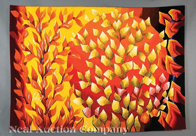 Gobelin Hand-Woven Aubusson Gobelin Tapestry: A Hand-Woven Aubusson Gobelin Tapestry of "Sunlit-Leaves", 20th c., design by Dirk Holger, signed lower left, by Munich Gobelin Manufacturer, 56 in. x 79 1/2 in. Provenance: Joseph Davenport