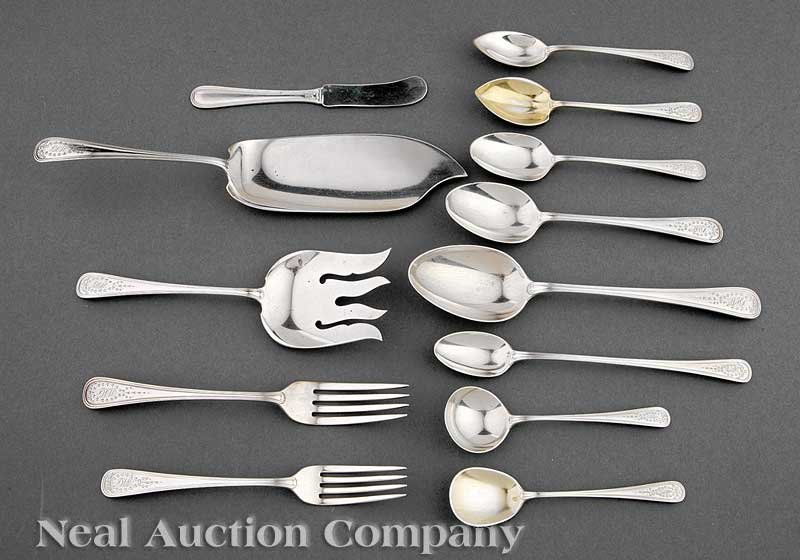 Gorham Sterling Silver Flatware Service: A Gorham "Jefferson" Pattern Sterling Silver Flatware Service, ret. A.B. Griswold & Co. LTD, New Orleans, act. 1906-1924, including 16 dinner forks, 40 luncheon forks, 12 dessert spoons, 12 tablespoon