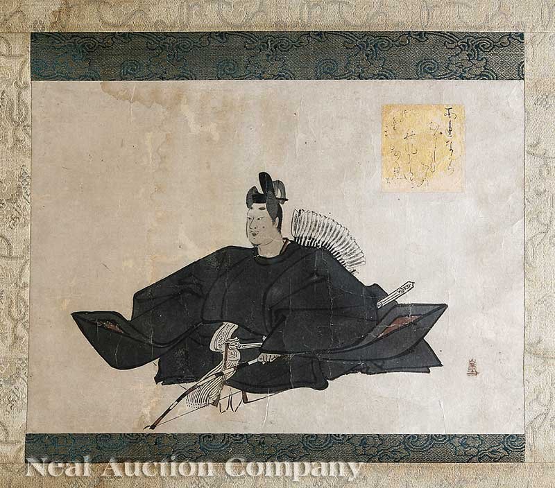 Japanese School, probably Edo Period (1615-1868): Japanese School, probably Edo Period (1615-1868), "Portrait of Yoshitsune Minamoto as One of the Thirty-Six Immortal Poets", ink and color on paper, sealed lower right, with poetry cartouche upper rig