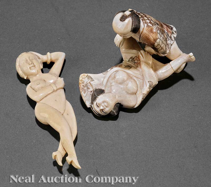 Two Japanese Ivory Figural Okimomo: Two Japanese Ivory Figural Okimomo, including an "amorous couple", carved in two parts as a man and woman making love, signed, height 2 1/2 in., width 3 7/8 in.; note small loss to man's right foot; a
