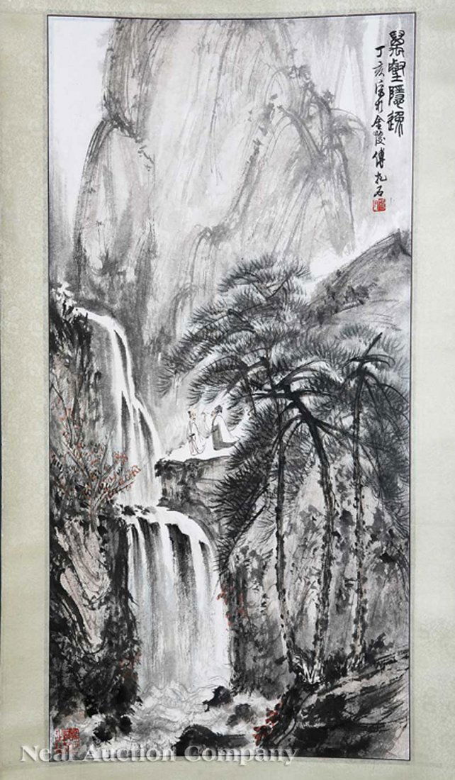 Chinese School, 20th c: Chinese School, 20th c., "Mountainous Landscape with Two Figures Contemplating a Waterfall", bearing signature of Fu Baoshi (1904-1965), ink and color on paper, inscribed and sealed upper right, seale