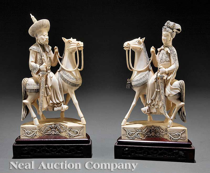 Chinese Ivory Emperor and Empress Figures: A Pair of Chinese Ivory Emperor and Empress Figures Astride Horses, Qianlong marks but probably early 20th c., each intricately detailed figure carved in mirror image of the other seated on a horse ho
