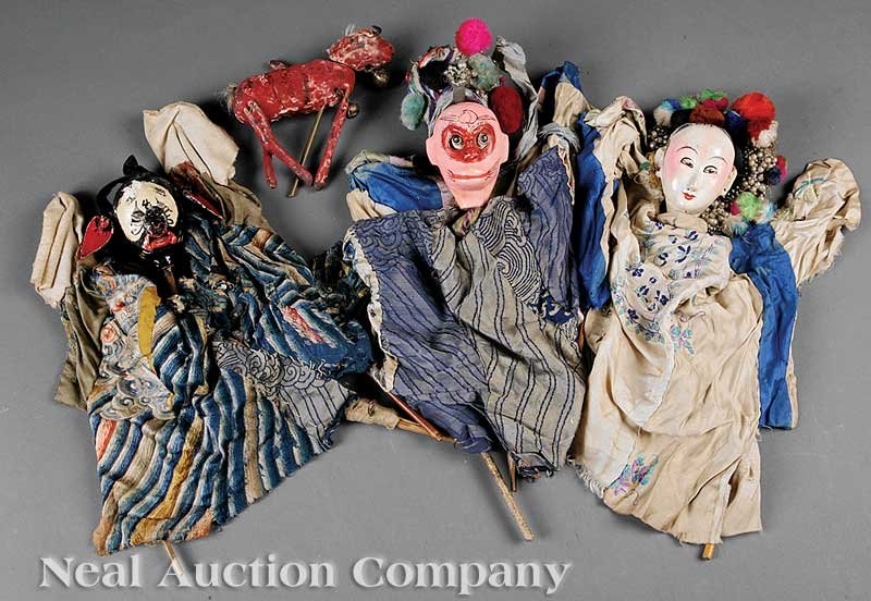 Four Chinese Opera Puppets: A Group of Four Chinese Opera Puppets, late 19th/early 20th c., including three figures and one animal Provenance: With Benjamin Franklin March, Jr. (1899-1934), Curator of Asiatic Art, Detroit Instit