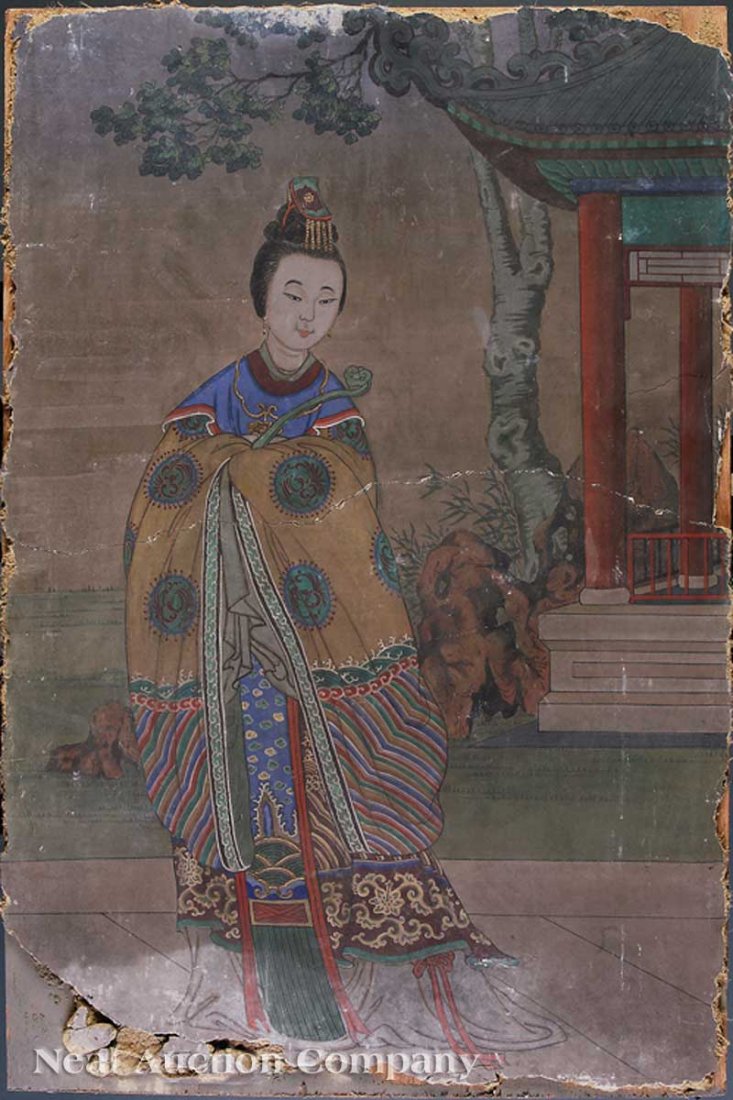 Chinese Fresco Painting: A Chinese Fresco Painting, Qing Dynasty (1644-1911), pigment on plaster mounted to board depicting an elegantly attired court Lady holding a ruyi scepter beside a pavilion, height 32 1/4 in. x 22 in.,